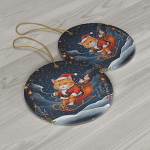 Kitty Claus Delivering Present Christmas Ceramic Ornament Xmas Ornament For Tree Garland Decoration Friends Celebrate Winter Scene Cat Lover