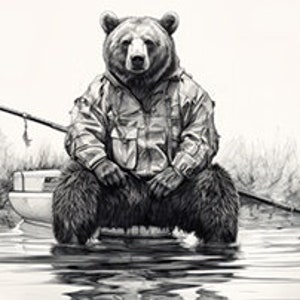Puede incluir: Una ilustración en blanco y negro de un oso con una chaqueta de pesca sentado en un bote con una caña de pescar.