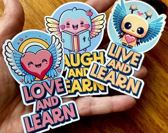 Kawaii Live, Love, Laugh and Learn - Words and Wings Set of 3 glossy die-cut stickers