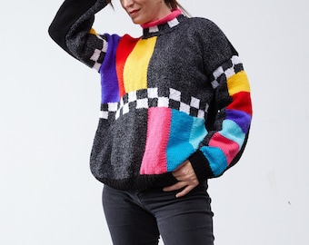 No Signal Tv Colorblocked Mixed Geometric Unisex Sweater Patchwork Gift for her him