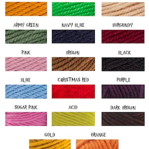 May include: A collection of yarn skeins in various colors, including ocher, green, beige, army green, navy blue, burgundy, pink, brown, black, blue, Christmas red, purple, sugar pink, acid, dark brown, gold, and orange.