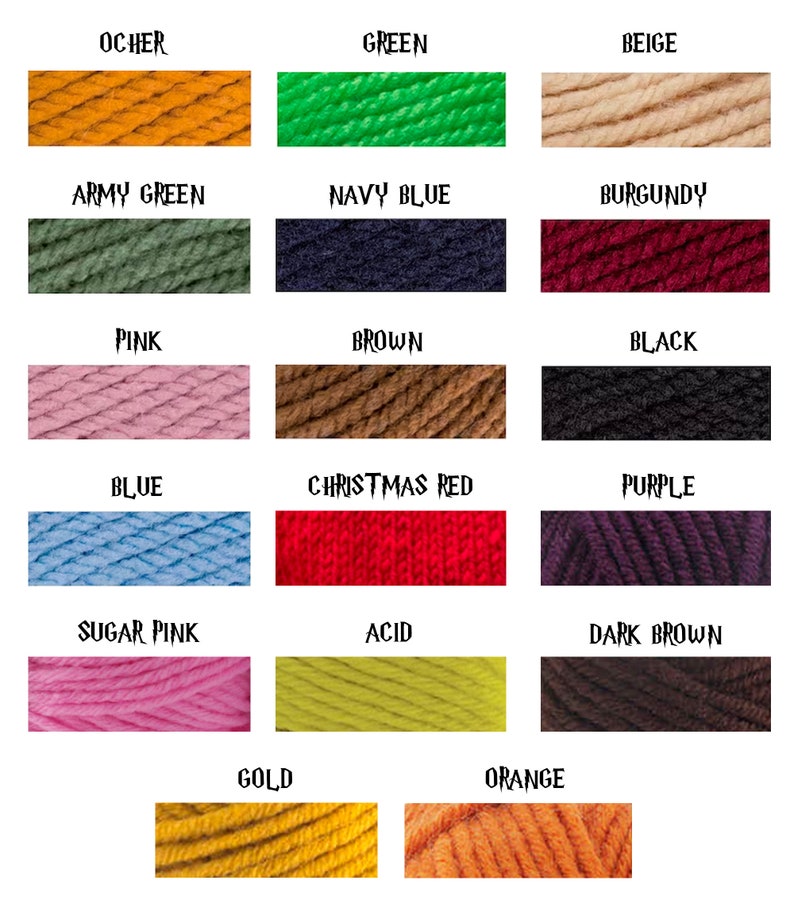 May include: A collection of yarn skeins in various colors, including ocher, green, beige, army green, navy blue, burgundy, pink, brown, black, blue, Christmas red, purple, sugar pink, acid, dark brown, gold, and orange.