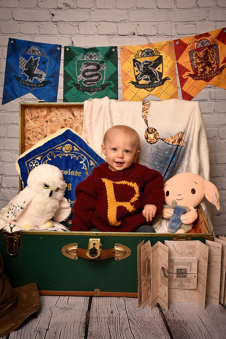 May include: A baby wearing a maroon sweater with a yellow letter 'P' on the front, sitting in a green suitcase with a white owl plush toy and a brown elf plush toy. The suitcase is decorated with a map and there are four Harry Potter house banners hanging on the wall behind the suitcase.