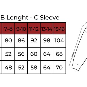 May include: A chart showing sweater sizes for different ages. The chart is labeled "A Chest - B Lenght - C Sleeve". The chart has columns for "Year" and then ages 1-2, 3-4, 5-6, 7-8, 9-10, 11-12, 13-14, and 15-16. The chart has rows for "A", "B", and "C". Each cell in the chart contains a number representing the size in inches. A diagram of a V-neck sweater is shown to the right of the chart.