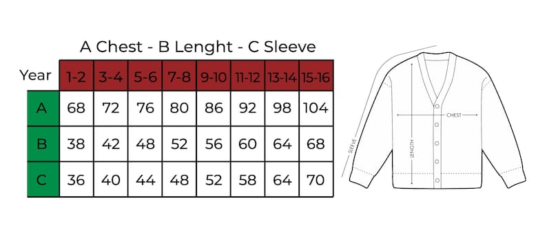 May include: A chart showing sweater sizes for different ages. The chart is labeled "A Chest - B Lenght - C Sleeve". The chart has columns for "Year" and then ages 1-2, 3-4, 5-6, 7-8, 9-10, 11-12, 13-14, and 15-16. The chart has rows for "A", "B", and "C". Each cell in the chart contains a number representing the size in inches. A diagram of a V-neck sweater is shown to the right of the chart.