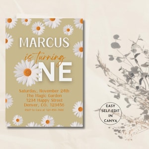 Daisy Birthday Invitation, Vintage Retro Daisy First Birthday Party Invitations, Printable Instant Download , Editable DIY Template, Daisy