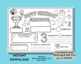 Happy Birthday Grandpa Coloring Page | Printable All About Grandpa Fill In Template |  Birthday Activity | Grandpa's Day Coloring Page