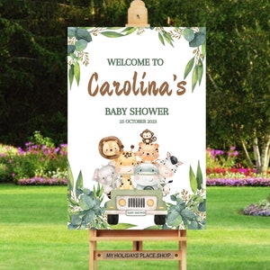 Cartello di benvenuto per baby shower, Safari Jungle modificabile, Poster per baby shower Safari Jungle, Decorazione per baby shower con animali del safari verdi, fai da te Canva