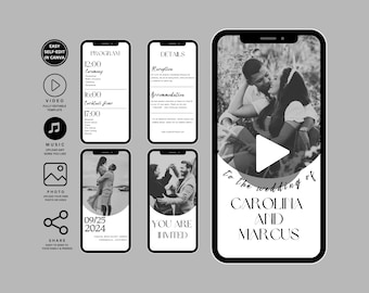 Modèle d'invitation vidéo de mariage, Faire-part de mariage animé avec RSVP, Détails et programme, Ajoutez vos propres photo et musique, Faire-part de mariage V2