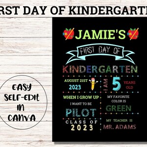 Back to School Editable Colorful First Day of School Chalkboard Sign ...