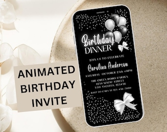 Animated Glitter Digital Birthday Dinner Invitation, Black Tie Glam Invite, Animated Black Silver Diamond Invitation, DIY Birthday Invite 1