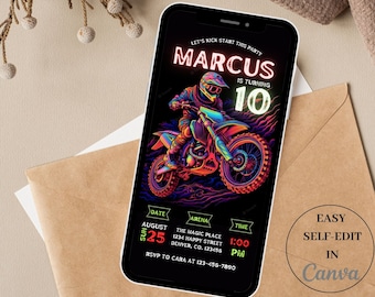 May include: A digital invitation for a birthday party with a neon green, red, and blue motocross rider graphic. The text "Let's kick start this party" is at the top of the invitation. The name "Marcus" is in neon red and the age "10" is in neon yellow. The invitation includes the date, time, and location of the party.
