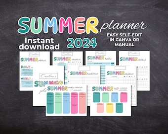Paquete de planificador de VERANO 2024, calendario de verano, lista de verificación de verano, cuadro de tareas de verano, planificador de verano, cuadro de tareas para niños, editable e imprimible