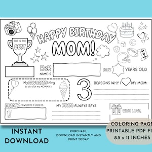 Happy Birthday Mom Coloring Page | Printable All About Mom Fill In Template | Mother’s Birthday Activity | Mother's Day Mom’s Coloring Page