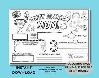 Happy Birthday Mom Coloring Page | Printable All About Mom Fill In Template | Mother’s Birthday Activity | Mother's Day Mom’s Coloring Page