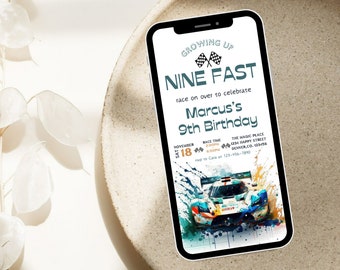 May include: A digital invitation for a 9th birthday party with a racing car theme. The invitation features a blue and white race car with a checkered flag and the text "Growing Up Nine Fast" and "Marcus's 9th Birthday".