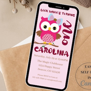 PINK Owl House, Invitación digital, Invitación de cumpleaños electrónica, Regalo de búho, Niña, Regalos de búho, Correo electrónico de fiesta de texto SMS Evite, DIY Digital