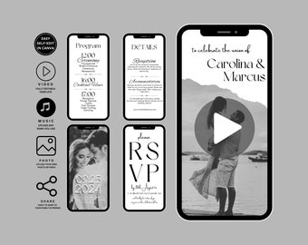 Modèle d'invitation vidéo de mariage, Faire-part de mariage animé avec RSVP, Détails et programme, Ajoutez vos propres photo et musique, Faire-part de mariage V1