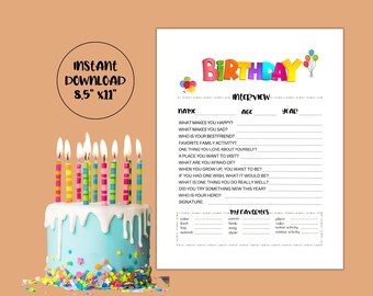 Birthday Interview, Birthday Card, 8.5x11 Printable Kids Annual Interview, Birthday Keepsake, Birthday Questionnaire - Birthday PDF, V2