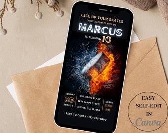 May include: A black and gold digital phone screen with a hockey puck on fire and water splashing around it. The text on the screen reads "Lace Up Your Skates Come Celebrate With Us Marcus Is Turning 10 Sunday 25 August The Magic Place 1234 Happy Street Denver, CO. 123456 Start 2:00 PM RSVP To Cara At 123-456-7890 Easy Self-Edit In Canva".