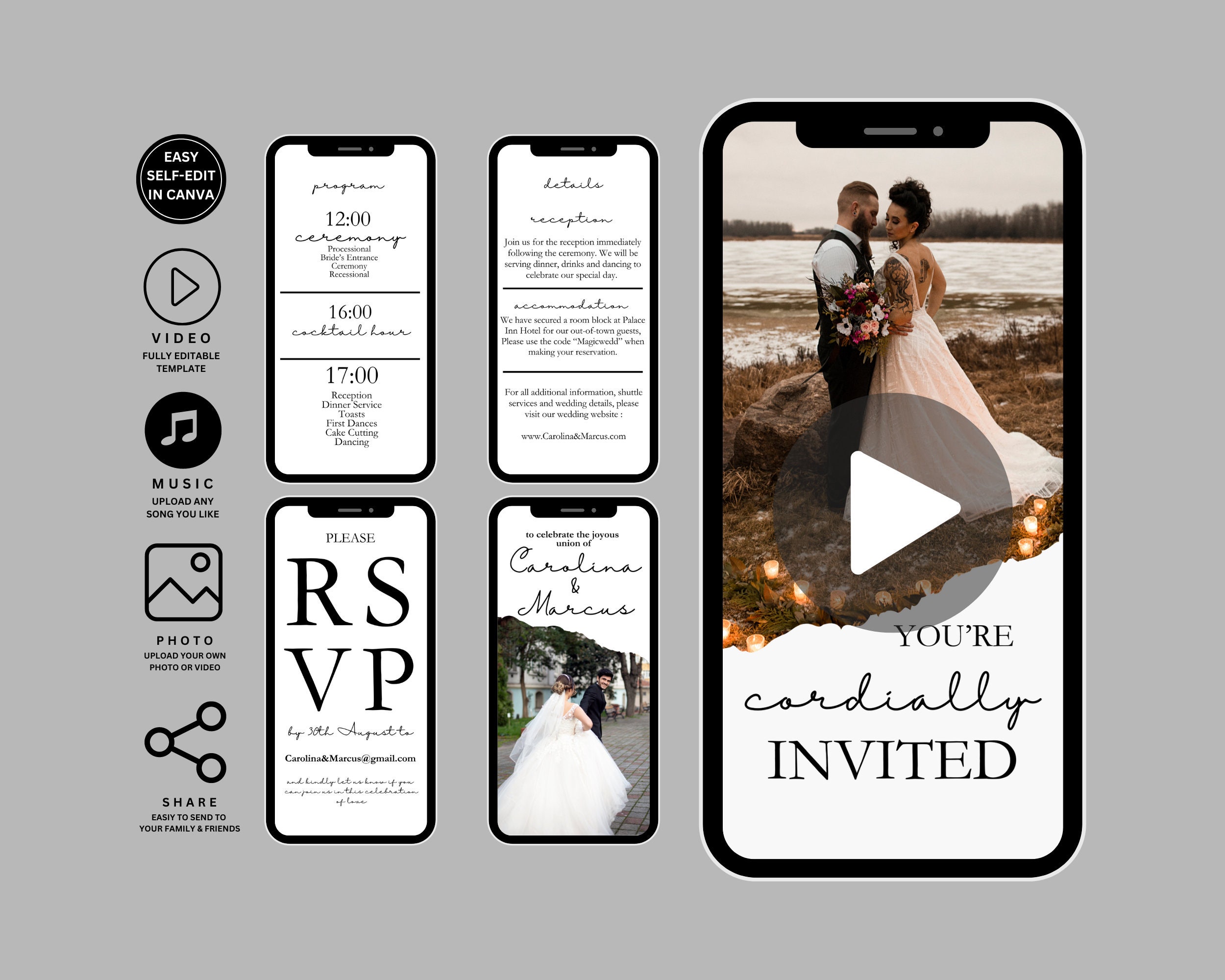 Wedding Video Invitation Template,Animated Wedding Invitation with RSVP,Details & Program,Add Your Own Photo and Music,Wedding Invitation V4