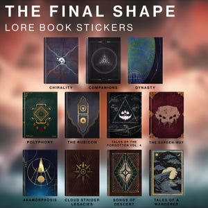 May include: A collection of Lore Book stickers featuring various designs and titles. The stickers showcase intricate artwork with titles like "Chirality," "Companions," and "Dynasty." The stickers are designed with a dark, thematic aesthetic.