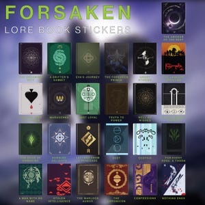 May include: A collection of "Forsaken Lore Book Stickers" featuring various designs and titles. The stickers showcase book covers with geometric patterns, symbols, and text. The color palette includes greens, blues, purples, and browns.