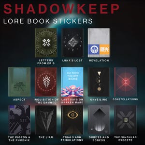 May include: A collection of twelve lore book stickers with various designs and titles. The stickers feature book covers with geometric patterns, symbols, and text. Titles include "Letters From Eris," "Luna's Lost," and "Revelation."