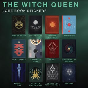 May include: A collection of twelve lore book stickers with various designs and titles. The stickers feature a variety of colors, including black, red, blue, and gold. Each sticker has a unique graphic design and title, such as "Acts of Mercy" and "Lucent Tales".