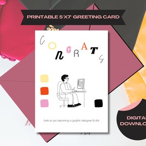 Biglietto digitale colorato per laurea 'CONGRATULAZIONI - Guardati mentre diventi un graphic designer e merda' - Biglietto tipografico multicolore multi-carattere