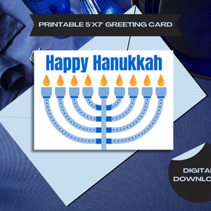 Carte Happy Hanukkah, Carte de téléchargement numérique, Menorah, Bougies allumées - Fête juive - Carte symbolique Hanukkah Blue Menorah