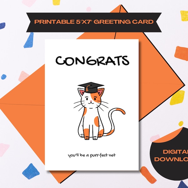 Graduation Digital Card 'CONGRATS - You'll be a purr-fect vet' for Veterinary School Graduates - Card for Graduated Veterinary Doctor w Cat