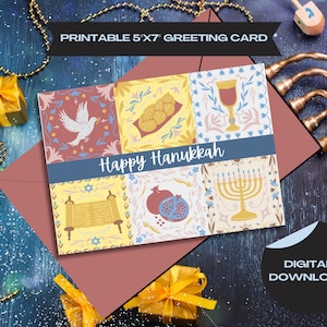 Carte Happy Hanukkah, carte de téléchargement numérique, Menorah, Challah, gobelet, Torah, colombe et grenade - Fête juive - Carte symbolique colorée