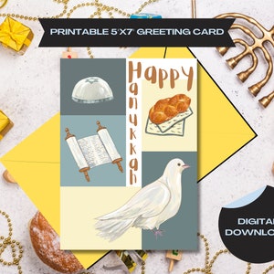 Joyeux Hanoucca carte, carte de téléchargement numérique, challah, torah, colombe et kippa - fête juive - carte symbolique colorée - art stylisé