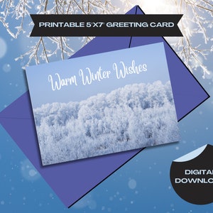 Tarjeta de felices fiestas, tarjeta de deseos cálidos de invierno, tarjeta de descarga digital, tarjeta de vacaciones de invierno, tarjeta de felicitación del bosque nevado, tarjeta universal de invierno