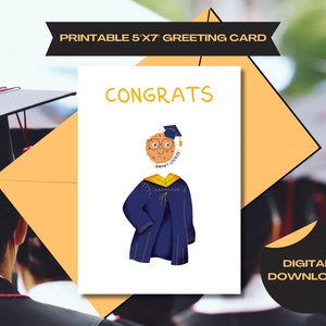 Peut inclure: Une carte de vœux imprimable de 12,7 x 17,8 cm avec un biscuit de dessin animé portant une toque et une robe de graduation. La carte dit "Félicitations" et "Smart Cookie".