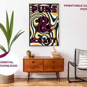 May include: A digital download of a printable poster featuring the words "Punk & Rad" in a psychedelic font with a swirling, abstract background in shades of yellow, green, black, and purple. The poster is 11 inches by 17 inches.