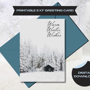 Tarjeta de felices fiestas, tarjeta de deseos cálidos de invierno, tarjeta de descarga digital, tarjeta de vacaciones de invierno, tarjeta de felicitación del bosque nevado, tarjeta universal de invierno