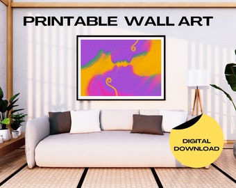 Psychedelic Kiss Wall Art, Romantic Digital Art, Attraction Art, Passionate Couple Painting, Man Woman Embrace, Dramatic Art Decor