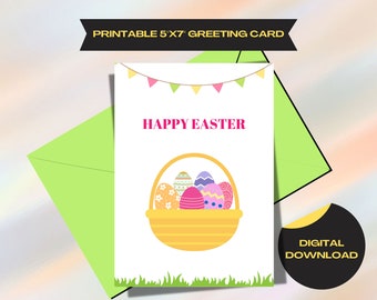 Feliz cesta de huevos de Pascua Descarga digital tarjeta de 5"x7", cesta de huevos de Pascua imprimible