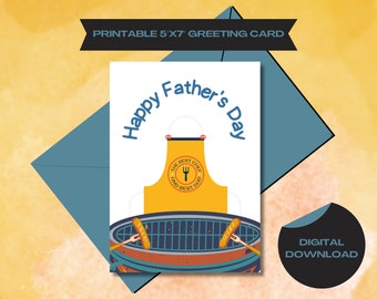 Happy Father's Day Grilling Printable Card for Dad, Stepdad, Grandpa, Baby Daddy, Uncle - Card with Grill, Apron and Sausages for BBQ Dad