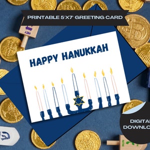 Carte de Hanoucca joyeux, carte à téléchargement numérique, menorah, bougies allumées - fête juive - carte de Hanoucca symbolique menorah bleue