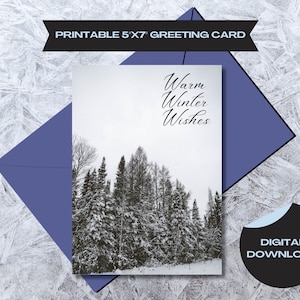 Tarjeta de felices fiestas, tarjeta de deseos cálidos de invierno, tarjeta de descarga digital, tarjeta de vacaciones de invierno, tarjeta de felicitación del bosque nevado, tarjeta universal de invierno