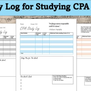 Może przedstawiać: Zestaw arkuszy CPA Study Log z tytułem "Study Log for Studying CPA FAR". Arkusze zawierają sekcje do śledzenia czasu nauki, planu tygodniowego i celów. Zawiera również cytat Nelsona Mandeli. Idealne do przygotowania do egzaminu.