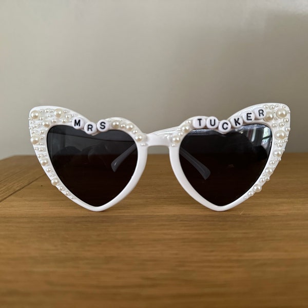 Mrs *SURNAME* Custom Made Sunglasses, For The Bride on her Hen Party or Wedding Day, WHITE