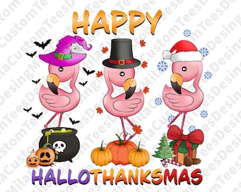 May include: A colourful illustration depicts three pink flamingos in festive attire. One wears a witch's hat, another a pilgrim hat, and the third a Santa hat. The text reads "HAPPY HALLOTHANKSMAS."