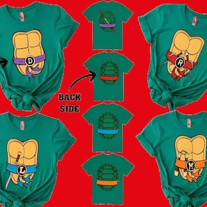 May include: Green t-shirts featuring Teenage Mutant Ninja Turtle designs. Each shirt displays a turtle shell on the back and a character's chest and mask on the front, with the letters D, R, L, and M. The shirts are displayed on a red background.