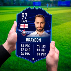 Carte de football personnalisée, carte Fut bleue, cadeau pour fan de football à suspendre, carte plastique de carte de football personnalisée, cadeau pour lui papa fils hommes