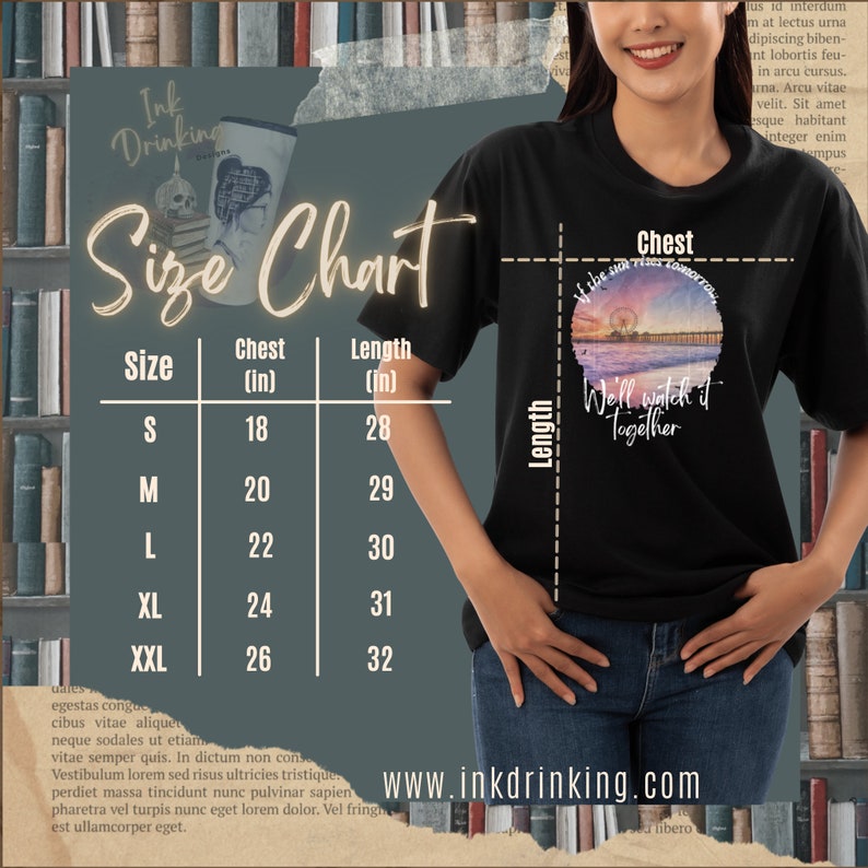 Op de afbeelding: Maattabel voor een zwart T-shirt met een kleurrijke afbeelding van een reuzenrad en de tekst "We'll watch it together". De tabel toont maten van S tot XXL met bijbehorende borst- en lengtemaat in inches.