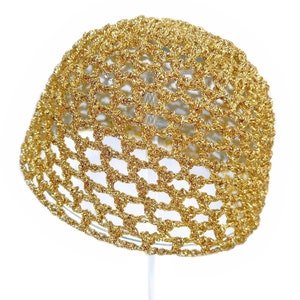 Hand-Crocheted Skull Cap Party Hat Gold Metallic zdjęcie 1